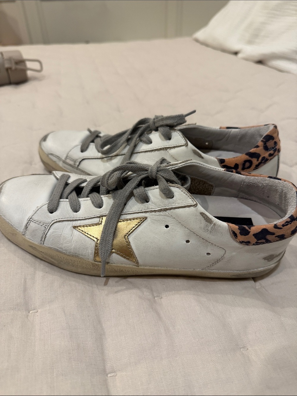 Golden Goose White Leather Sneakers with Gold Star and Pink Leopard Heel - Picture 5 of 6